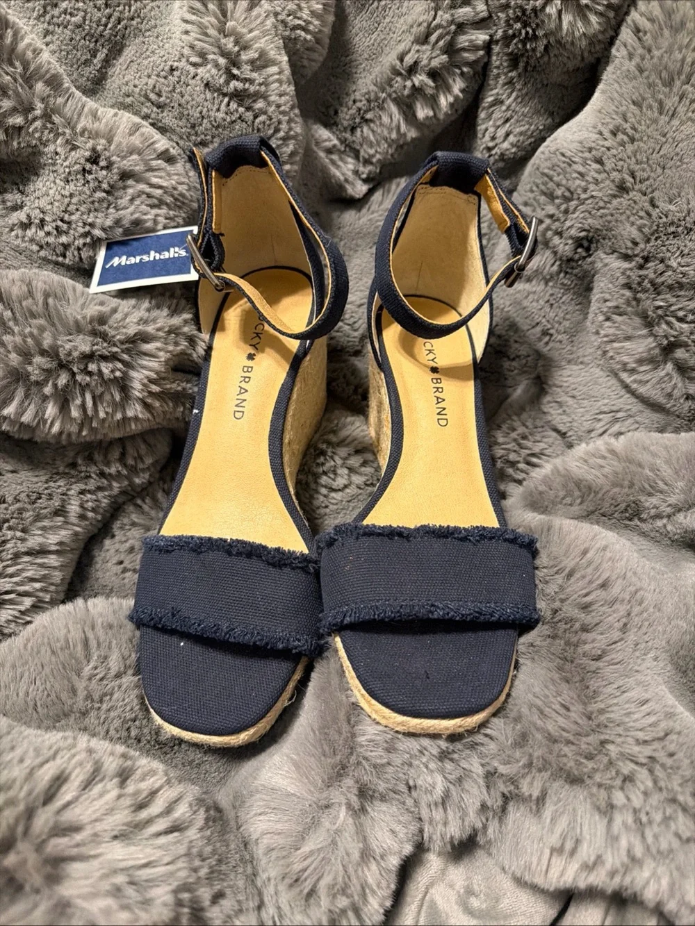 Lucky Brand Navy Frayed Espadrille Wedge Sandals